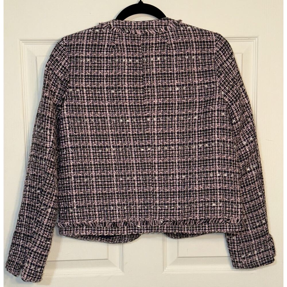 Ann Taylor Tweed Open Blazer Jacket Women's Pink Plaid Lined Fringe Size 00 - Picture 4 of 5